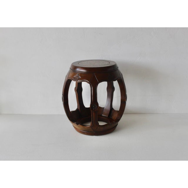 1980s Asian Carved Wood Barrel Stool Plant Stand With Inset Granite Top Vintage For Sale - Image 10 of 18