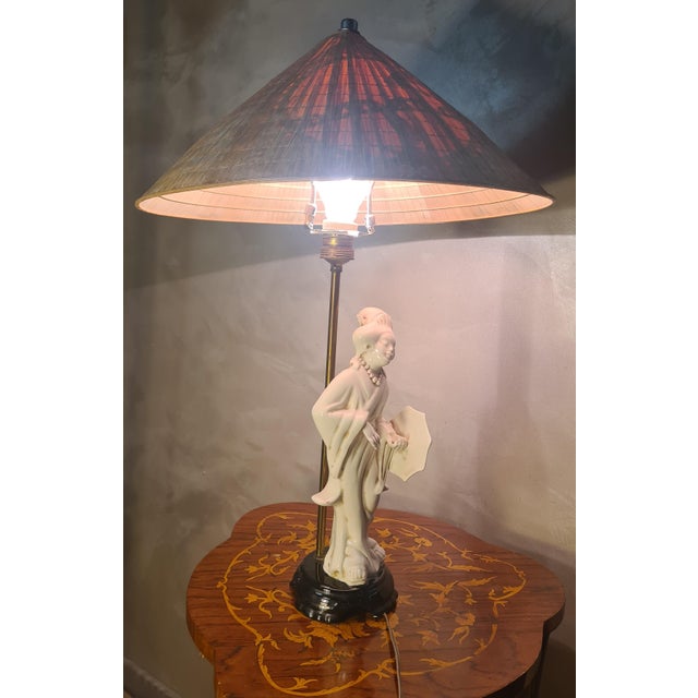 White White Porcelain Geisha Lamp with Rice Straw Lampshade, 1950s For Sale - Image 8 of 10