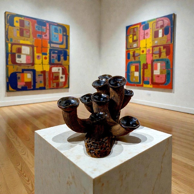 Mid-Century Modern An Anamorphic 1970s Unsigned Brutalist Clay Sculpted Earth-Tone Menorah 9 Stick Candelabra For Sale - Image 3 of 8