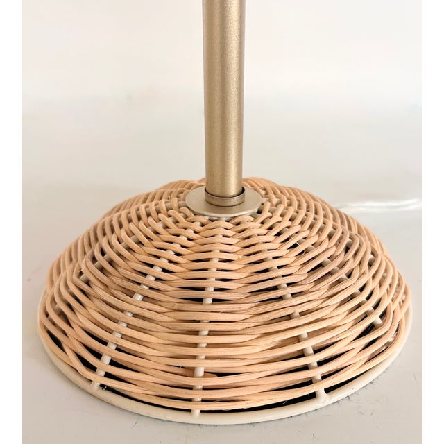 Chinoiserie Coastal Lillian August Parasol Rattan Table Lamps With Scalloped Shades — A Pair For Sale - Image 3 of 3