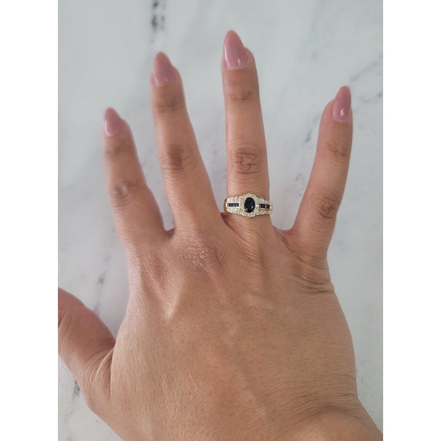 Contemporary Oval Sapphire with Diamond Halo & Sapphire Diamond Accents, Size 6 For Sale - Image 3 of 5