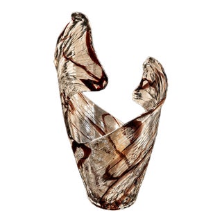 Vintage Murano Wave Vase | Oxblood Brown Ribbons, Mid-Century Italian Sculptural Glass Centerpiece For Sale