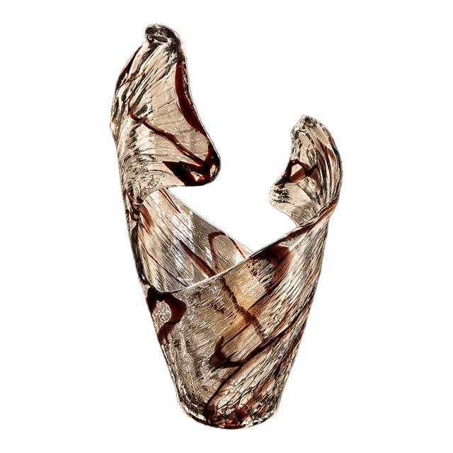 Vintage Murano Wave Vase | Oxblood Brown Ribbons, Mid-Century Italian Sculptural Glass Centerpiece For Sale
