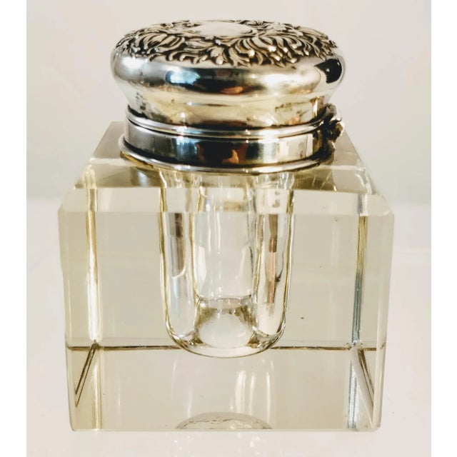 Lead Crystal Sterling Silver Inkwell With Repousee Lid For Sale - Image 11 of 12