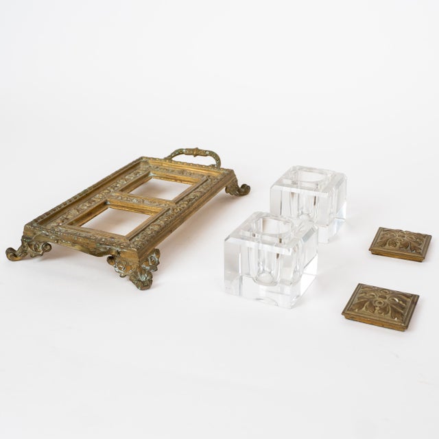 Gold Antique French Double Inkwell Desk Set With Original Glass Inserts For Sale - Image 8 of 11