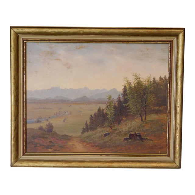 Mountain Valley Scene Framed Oil Painting On Board - Artist's Signature Illegible For Sale