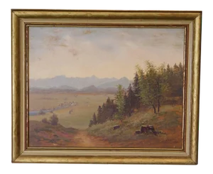 Mountain Valley Scene Framed Oil Painting On Board - Artist's Signature Illegible