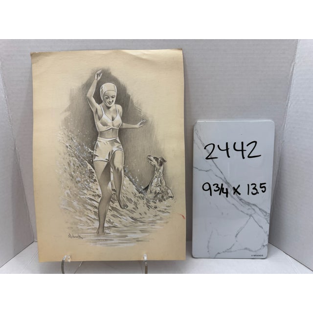 Paper 1940s Original Signed Graphite Illustration of Woman Running Through Surf With Dog, 13.5 X 9.75 In. For Sale - Image 7 of 7