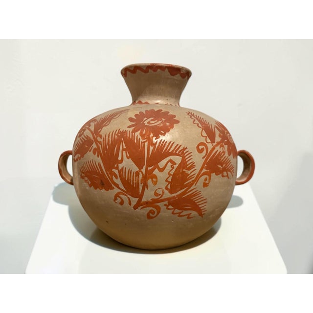 Vintage Mexican Folk Art Pottery Vase With Hand-Painted Terracotta Florals For Sale - Image 4 of 10
