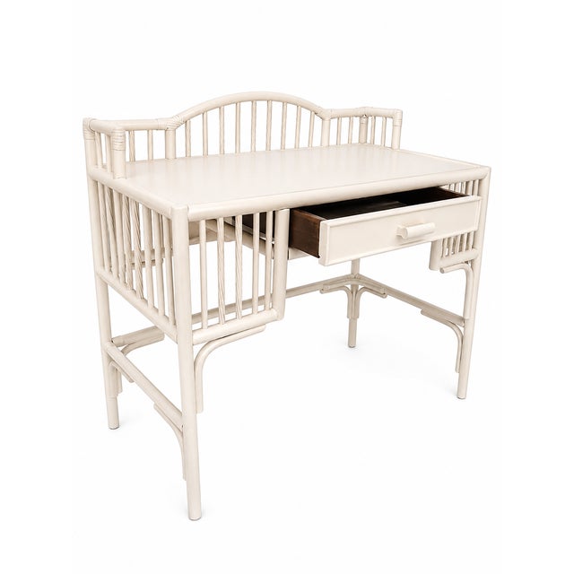 Wood Vintage Chinoiserie Rattan Writing Desk in Benjamin Moore Cloud White For Sale - Image 7 of 8