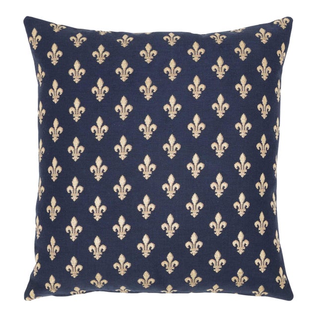Blue Fleur De Lys Tapestry Cushion With Feather Filler - 46x46cm (18"x18") For Sale
