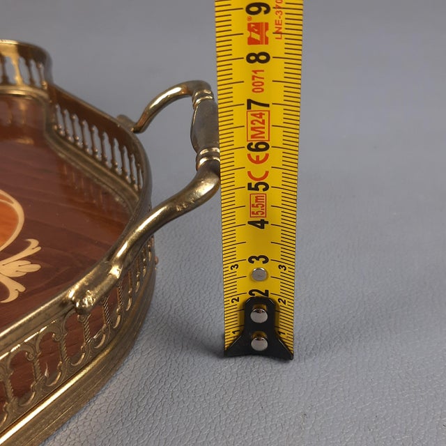 Wooden Tray with Floral Inlay and Brass Frame, 1970s For Sale - Image 11 of 12