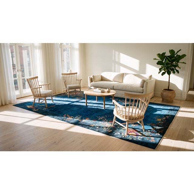1930s Royal Blue Floral Modern Antique Chinese Art Deco Rug 13'8" X 24' Handknotted Wool Carpet For Sale - Image 10 of 11