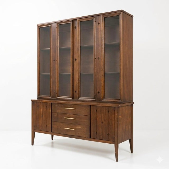 Brown Broyhill Saga Vintage Mid Century Modern Two Piece Buffet and Hutch China Cabinet C. 1960s, Attributed For Sale - Image 8 of 11