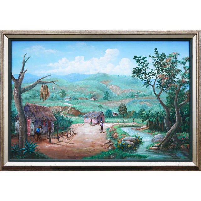 Jean-Felix Defournoy Modern Realist Green & Brown Toned Rural Village Landscape Painting w/ Figures, Late 20th Century For Sale