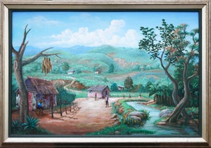 Jean-Felix Defournoy Modern Realist Green & Brown Toned Rural Village Landscape Painting w/ Figures, Late 20th Century