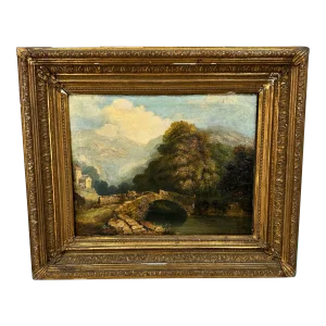19th Century Landscape Painting Gilt Frame Antique