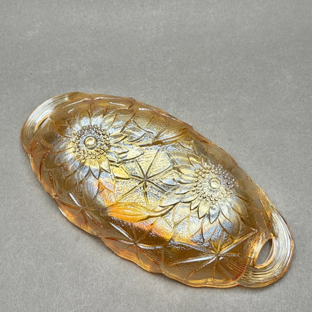 Vintage Indiana Glass “Lily Pons Sunflower” Marigold Carnival Glass Relish Dish With Handles For Sale - Image 9 of 9