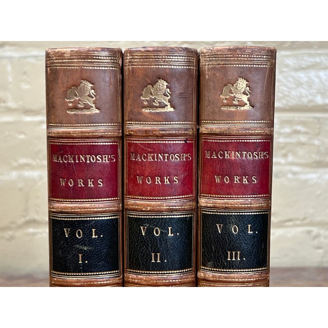 Victorian Beautiful Antique Leather Bound Books Sir James Mackintosh Works 3 Volume Set Victorian Library Home Decor For Sale - Image 3 of 11