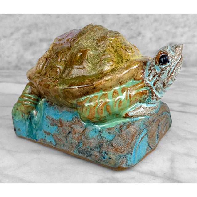 Mid-Century Modern Vintage 1970s Stoneware Drip Glazed Turtle Garden Sculpture For Sale - Image 3 of 11