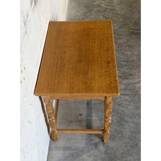 Brown Oak Side Table With Single Drawer Turned Legs and Metal Pull Accent Vintage 1970s For Sale - Image 8 of 10