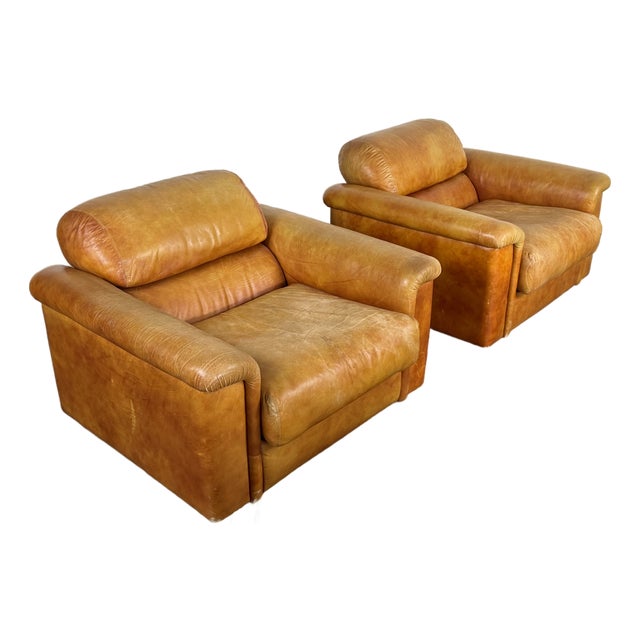 Vintage 1970's Italian Cognac Leather Lounge Chairs For Sale