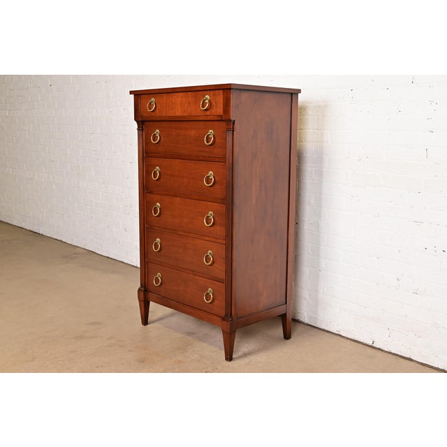 French 1960s Baker Furniture French Regency Louis XVI Cherry Wood Highboy Dresser or Lingerie Chest, Newly Refinished For Sale - Image 3 of 13