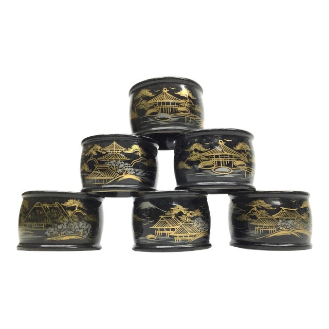Antique Japanese Lacquered Wood Hand-Painted Napkin Rings Set of 6 For Sale
