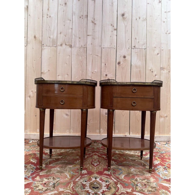 Brown Louis XVI Drum-Shaped Bedside Tables in Mahogany and Marble, 1950s, Set of 2 For Sale - Image 8 of 8