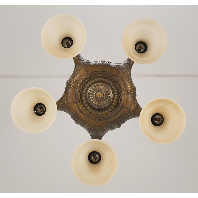 Neoclassical Mid 20th Century Restored Neoclassical Bronze Chandelier With Alabaster Shades For Sale - Image 3 of 9
