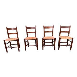 Vintage Early American Shaker Style Solid Wood Ladder Back Rush Seats Dining Chairs For Sale