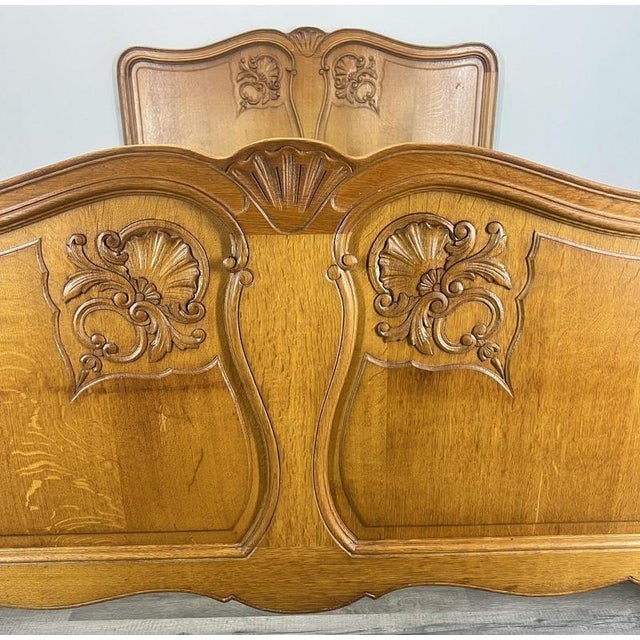 Vintage French Louis XVI Style Oak Double Bed Frame with Carved Headboard For Sale - Image 5 of 13