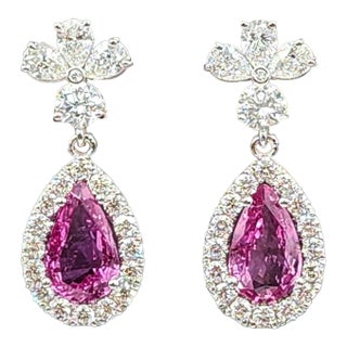 4.06 Ct Natural Pink Sapphire & Diamond Earrings, Pair For Sale