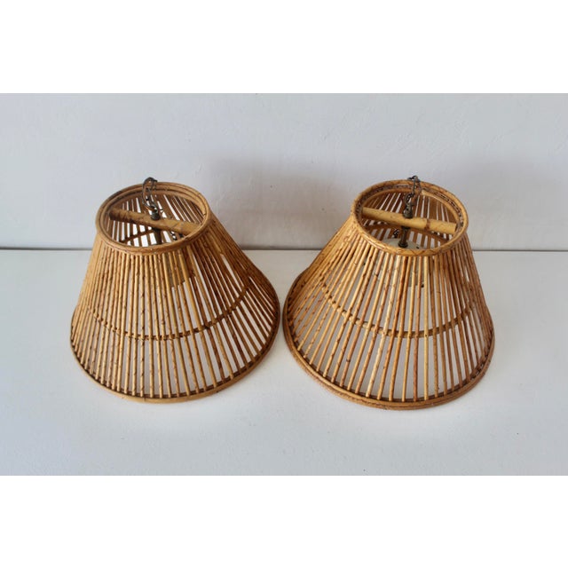 Vintage Handwoven Bamboo Rattan Pendant Swag Style Lamps-a Pair For Sale - Image 10 of 13