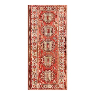 1900s Red Geometric Rustic Antique Caucasian Karabagh Rug 4' X 9' Knotted Wool Carpet For Sale