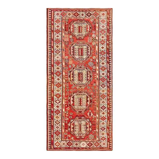 1900s Red Geometric Rustic Antique Caucasian Karabagh Rug 4' X 9' Knotted Wool Carpet For Sale