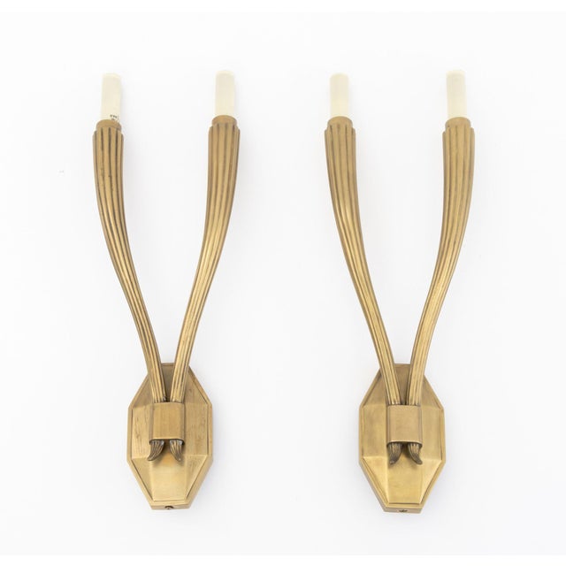 Early 21st Century Art Deco Style Brass 2-Branch Wall Sconces, Pair For Sale - Image 5 of 7