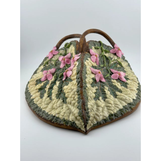 19th Century Majolica Leaf Wall Pocket – Pink Blossoms & Branch Handles – Relief Molded Continental Pottery, George Jones Style For Sale - Image 13 of 16