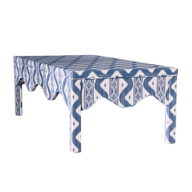 Custom Scalloped Coffee Table in Blue Ikat For Sale - Image 10 of 16