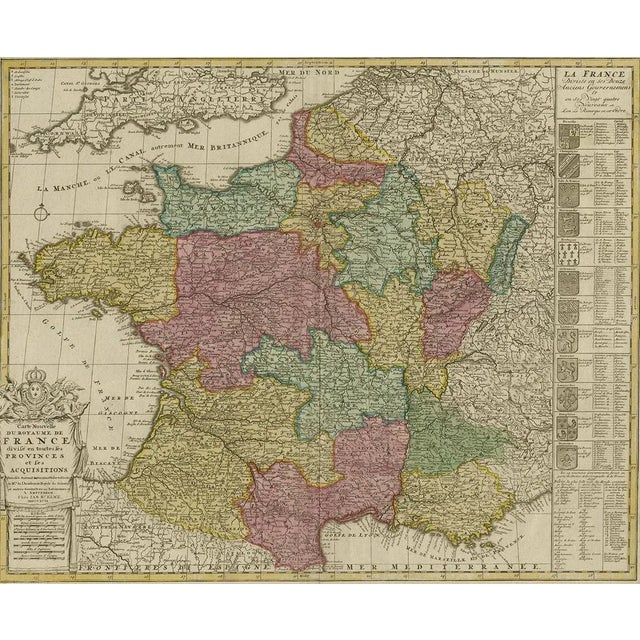 Antique map titled 'Carte Nouvelle du Royaume de France'. Beautiful antique map of France, including the Southern part of...