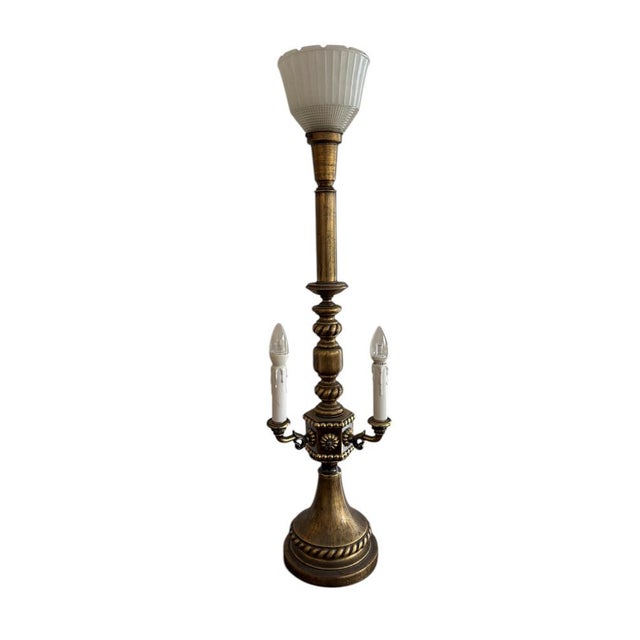 Vintage Brass Torchiere and Candelabra Table Lamp with Green Shades For Sale - Image 4 of 8