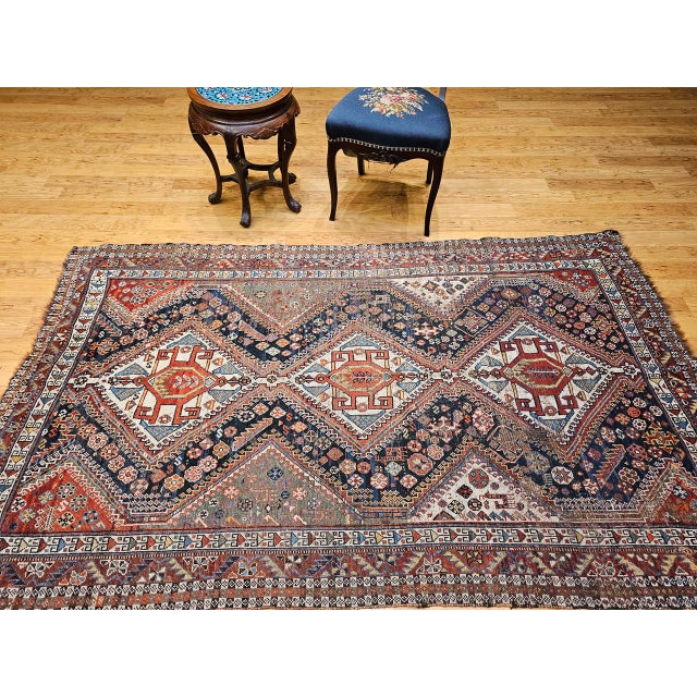Textile Vintage Persian Qashqai Tribal Area Rug, Hand-Knotted Wool, Geometric Medallions, 4x7, Navy & Red For Sale - Image 7 of 18