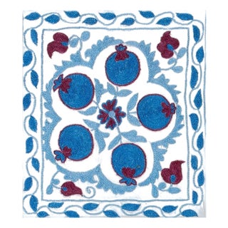 Cream, Blue & Dark Red Silk Embroidery Suzani Textile Lace Pillow Cover. 15"x18" For Sale