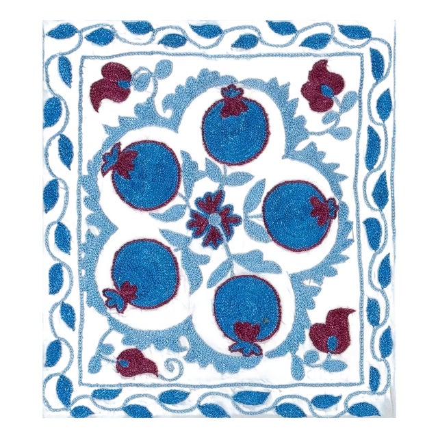 Cream, Blue & Dark Red Silk Embroidery Suzani Textile Lace Pillow Cover. 15"x18" For Sale