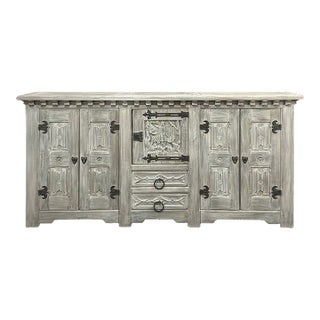 Antique Grand Normandy Rustic Gothic Revival Whitewashed Buffet For Sale