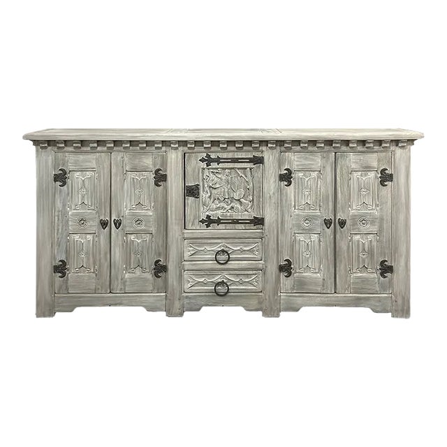 Antique Grand Normandy Rustic Gothic Revival Whitewashed Buffet For Sale