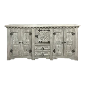 Antique Grand Normandy Rustic Gothic Revival Whitewashed Buffet