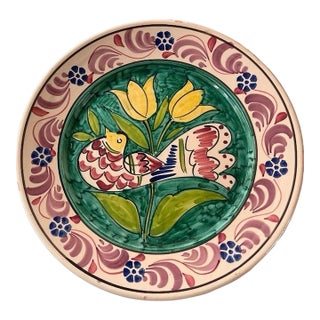 Vintage Hand-Painted Mediterranean Terracotta Ceramic Wall Plate – Bird & Tulip Motif For Sale