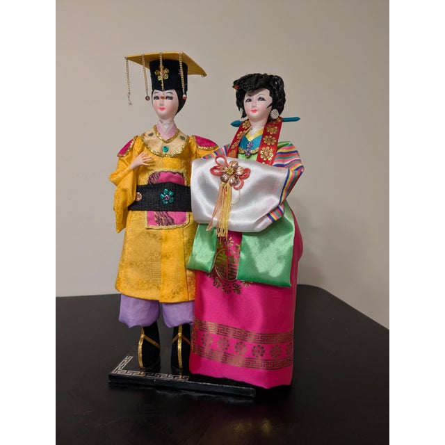 Vintage Korean Wedding Dolls in Glass & Wooden Case For Sale - Image 4 of 10