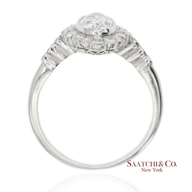 Mid 20th Century Vintage Platinum 900 Natural Diamond Milgrain Oval Shape Engagement Band Ring, Size 7 For Sale - Image 5 of 10